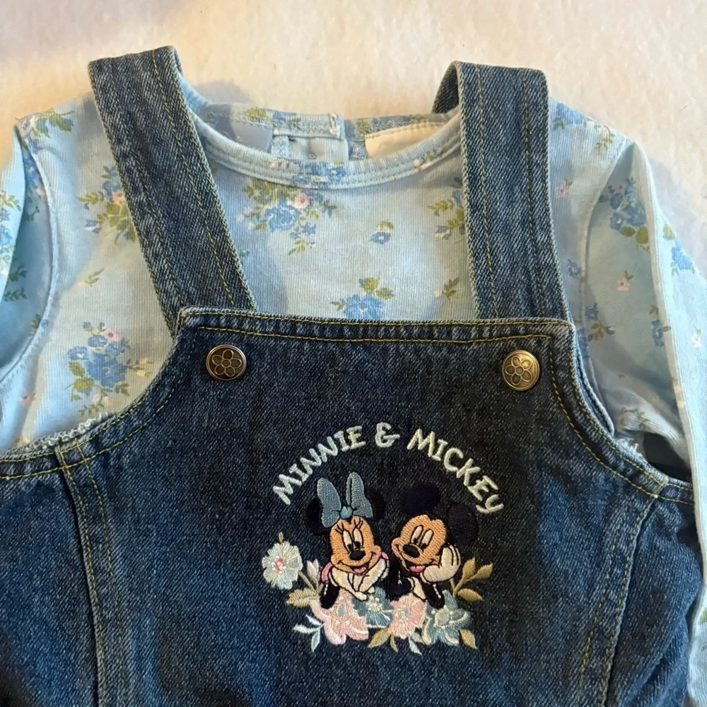 Vintage Kids Mickey + Minnie Denim Overall Dress + Shirt Matching Set Size 18M